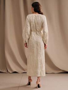 Anewsta Vestido de lino con cuello en V, cintura ceñida y bordado floral elegante para mujeres - Albaricoque - Ver 2