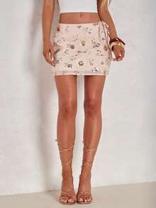 Glamine Women's Sequin Embroidered Pink Sequin Floral Mini Skirt, Summer Boho Sexy Vacation Holiday Party Going Out Wear Sparkly Drawstring Tie Side Wrapped - Apricot - View 5