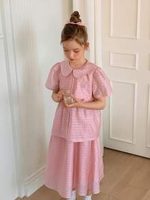 DAZY Tween Girl Solid Color Ruffle Collar Short Sleeve Shirt And Skirt Set Summer - Pink - View 6