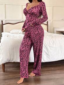SHEIN ZzzCrew 女士方领扭结豹纹长袖睡衣套装 - 玫紅色 - 查看 4