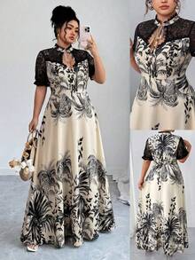 Elenzga Plus Size Women's French Casual Elegant Printed Contrast Lace Short Sleeve Dress Plus Size Long Dress Plus Size Maxi Dress Short Sleeve Maxi Dress Women Maweii Plus Size Dress Hawaiian Print Maxi Dress Plus Size Summer Dress Tropical Print Maxi Dress Lace Insert Maxi Dress - Apricot - View 2