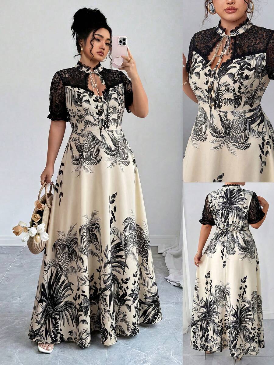 Elenzga Plus Size Women's French Casual Elegant Printed Contrast Lace Short Sleeve Dress Plus Size Long Dress Plus Size Maxi Dress Short Sleeve Maxi Dress Women Maweii Plus Size Dress Hawaiian Print Maxi Dress Plus Size Summer Dress Tropical Print Maxi Dress Lace Insert Maxi Dress