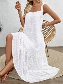 Breezaya Gaun Jacquard Kasual Serbaguna untuk Liburan dengan Tali Bahu Tipis, Model Terbaru - Putih - View 3