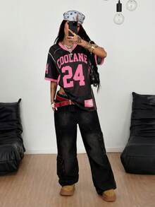 Coolane 女士春夏节日复古街头运动迷彩数字印花棒球衫T恤 - 黑色 - 查看 3