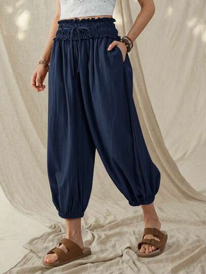 Wildy Summer American Casual Country Vacation Green Lantern Pants With Elastic Waistband Cropped Pants Harem Pants Boho Pants For Women Elastic Waist Pants Barrel Pants