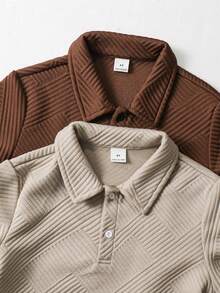SHEIN 2件装男童休闲校园风纹理面料Polo衫，舒适百搭 - 棕色 - 查看 3