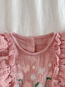 Loomiva Baby Girl Floral Print Round Neck Ruffle Hem Cinched Waist Dress - Pink - View 4