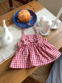 DAZY Baby Girls' Plaid Korean Style Fresh Suspender + Short Sleeve Solid Color Shirt Set Summer - Red - View 9