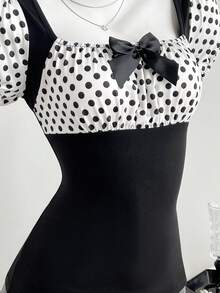 Elamini Women's Casual Minimalist Black & White Polka Dot Bowknot Fitted Short Sleeve T-Shirt, Summer - Black and White - View 4