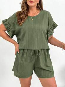 SHEIN Essnce 大码女装春夏时尚休闲宽松舒适日常质感面料黑色荷叶边短袖上衣和荷叶边短裤两件套，度假装，欧洲夏季，邮轮女装，女士家居服套装，裤装套装 - 薄荷綠 - 查看 3