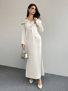 Modelyn 法式白色月光翻领前扣长袖长款西装外套 - 米色 - 查看 5