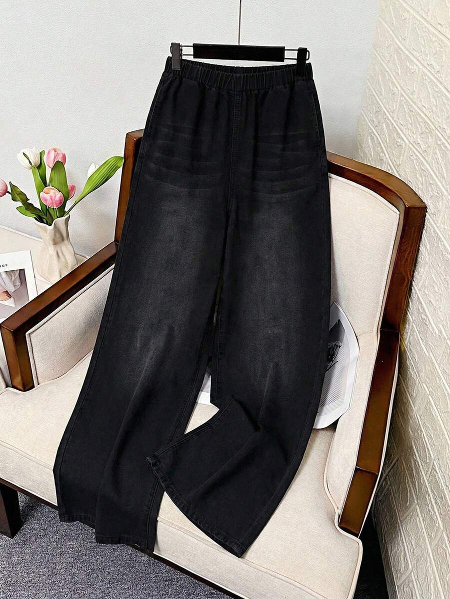 SHEIN Jeans de primavera y verano para adolescentes, de cintura elástica, con lavado suave y ligero - Negro - Ver 1