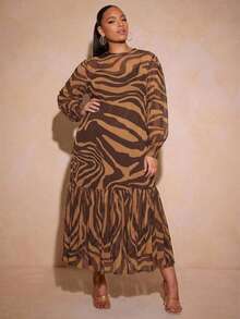 Vixey 薄纱荷叶边下摆透视网纱灯笼袖束腰上衣 - 棕色 - 查看 3