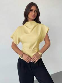 Firerie Wrinkled Collar Asymmetrical Sleeve Side Ruched Cinched Waist Commuter Apricot Bamboo Fiber Linen Blouse For Women, All Season - Light Yellow - View 4