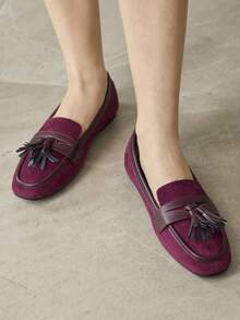 MOTF CLASSIC TASSEL LOAFERS SLIP-ON CASUAL SHOES, SQUARE TOE FLAT SHOES FOR WOMEN, SUITABLE FOR AUTUMN/WINTER - Burgundy - View 5