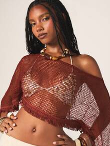 MISSGUIDED Metallic Fringe Crochet Off Shoulder Cape Top With Wide Sleeves And Shimmering Open Knit Design For Fall - Burgundy - View 5
