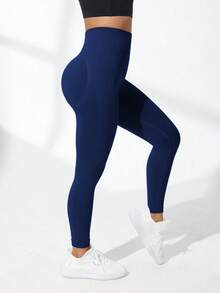 SHEIN Velisys 女士纯色高腰无缝弹力运动紧身裤 - 彩色 - 查看 2