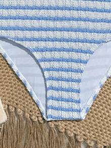 SHEIN 少女条纹吊带连体泳衣，适合海滩度假、泳池派对、沙滩派对 - 藍色 - 查看 5