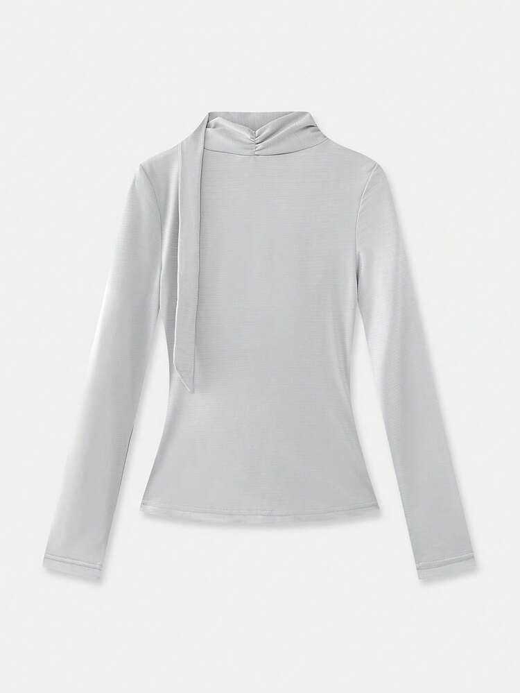 Blusa de manga larga con cuello de cowl y detalle de corbata en el cuello, estilo vintage elegante para fiestas en otoño e invierno
