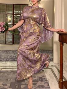 DAZY Robe cape contrastée violet brillant et or, élégante pour la Saint-Valentin, le mariage, les fêtes, les banquets et les événements de mode. Caractéristiques : manches chauve-souris, ourlet à volants, imprimé floral, robe longue d'été - Doré - Voir 2