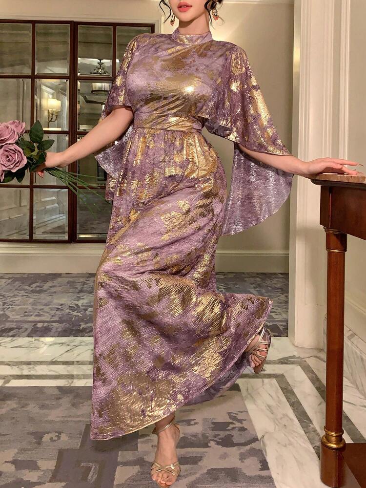 Spring & Summer Shiny Purple & Gold Contrast Color Block Cape Dress, Elegant For Valentine's Day, Wedding, Party, Banquet, Fashion Event. Features Bat Wing Sleeves, Ruffle Hem, Floral Print, Maxi Length Sundress