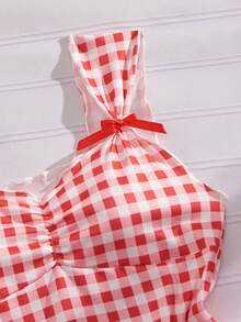 Eraneu 1pc Women's Plaid Casual Fashionable Versatile Blouse - Red and White - View 8