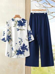 EMERY ROSE 大码女式夏季时尚印花衬衫和裤子两件套 - 藏蓝色 - 查看 2
