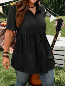 EMERY ROSE Short Sleeve Blue Button-Up Shirt, Casual Vacation Shirt With Longer Back, Plus Size, Suitable For Spring & Summer - Black - View 6