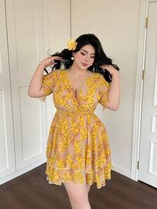 Vibekara 大码女式休闲度假珍珠雪纺黄色印花短袖夏季连衣裙 - 淡黃色 - 查看 4