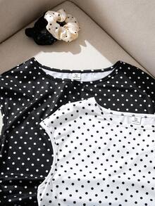 SHEIN 2pcs Girl's And Teen Girls' Cute Black And White Polka Dot Tops,Summer Sleeveless Round Neck Fitted Short Length Wrinkled Side Casual Graduation Set - Black and White - View 5