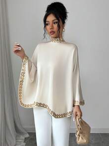 SHEIN Elenzya Elegant Romantic Vacation Chiffon Sequin Floral Trim Women Blouse Elegant Blouses Cream Blouse Poncho Top Blouse For Women Cape Top Elegant Blouse For Women Cream Outfit Women 2 Pieces Sets Woman Elegant Kaftan Style Top Elegant Women's Top Sequin Embroidery Top Working Blouse Women's Tops And Blouses - Apricot - View 3