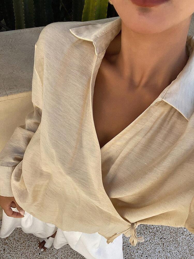 Women's Loose Oblique Collar Tie Front Long Sleeve Elegant Vacation Blouse, Spring/Summer