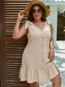 SHEIN LUNE Plus Tie Shoulder Fake Button Ruffle Hem Summer Outfits Dress - Apricot - View 5