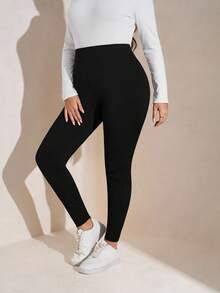 SHEIN LUNE Plus Size Fashionable Commuter Shiny Print Leggings, Winter Cozy Fall And Winter Christmas New Year Thanksgiving Party Elegant Leggings For Women - Black - View 4