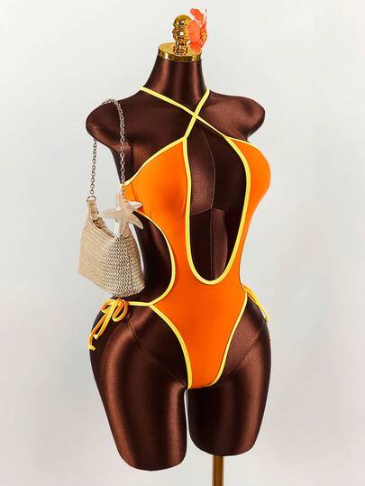 Amplova Women's Criss-Cross Halter Neck Contrast Binding Backless One-Piece Swimsuit, Sexy & Avant-Garde, Suitable For Holiday Wear