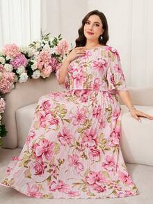 Reflora 大码女式印花褶皱圆领短袖优雅夏季连衣裙 - 粉色 - 查看 8