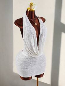 Amplova Women's Plunging Neckline Backless Sexy Bodycon Halter Mini Dress - Apricot - View 6