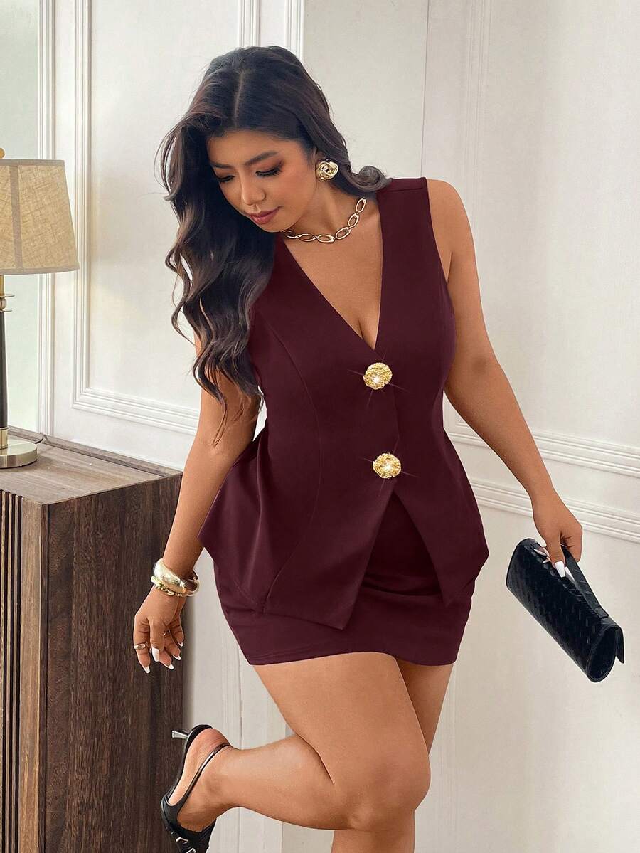 Femmeverse Plus Size Gold Button Chocolate Brown Custom Camisole And Mini Skirt Set - Burgundy - View 1
