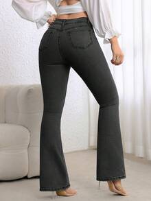 SHEIN ICON 女式口袋喇叭腿休闲紧身牛仔裤 - 黑色 - 查看 2