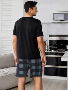 CoupledUp Men's Patchwork Pocket Shirt & Plaid Shorts Homewear Set - Black - View 2