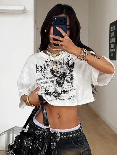 Coolane Camiseta corta oversize de punto con estampado de piedras rhinestone y teñido anudado, estilo básico streetwear primavera/verano para mujer