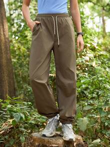 SHEIN In My Nature Women's Solid Color Elastic Waist Drawstring Pocket Loose Outdoor Sweatpants & Joggers - Brown - View 6