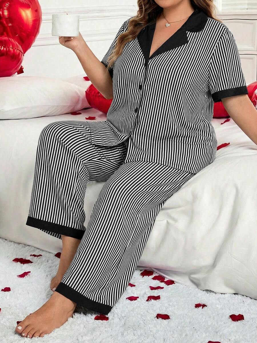 SHEIN CURVE+ CURVE PLUS /Ngày Valentine/Bộ áo và quần kẻ sọc dành cho nữ cỡ lớn, trang phục đa năng mùa thu, mùa đông, CURVE PLUS - Đen và trắng - Xem 1