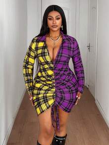 Maweii Plus Size Women Sexy Elegant Plaid Patchwork Drawstring Long Sleeve Mini Dress - Multicolor - View 3