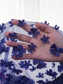 Miaspire Vestido elegante de verano talla grande con decoración de flores en 3D y parches de malla - Azul Marino - Ver 7