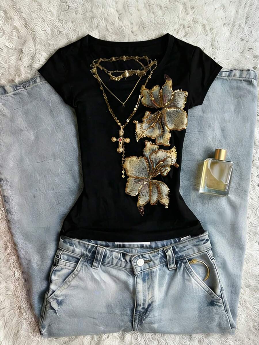 Glimmora Áo thun ngắn tay ôm dáng in hoa dành cho nữ, thích hợp cho mùa hè. - Nhiều màu - Xem 1