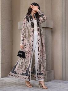 Al Najma Pink Long Sleeve Printed Pleated Women's Abaya Robe - Pink - View 8