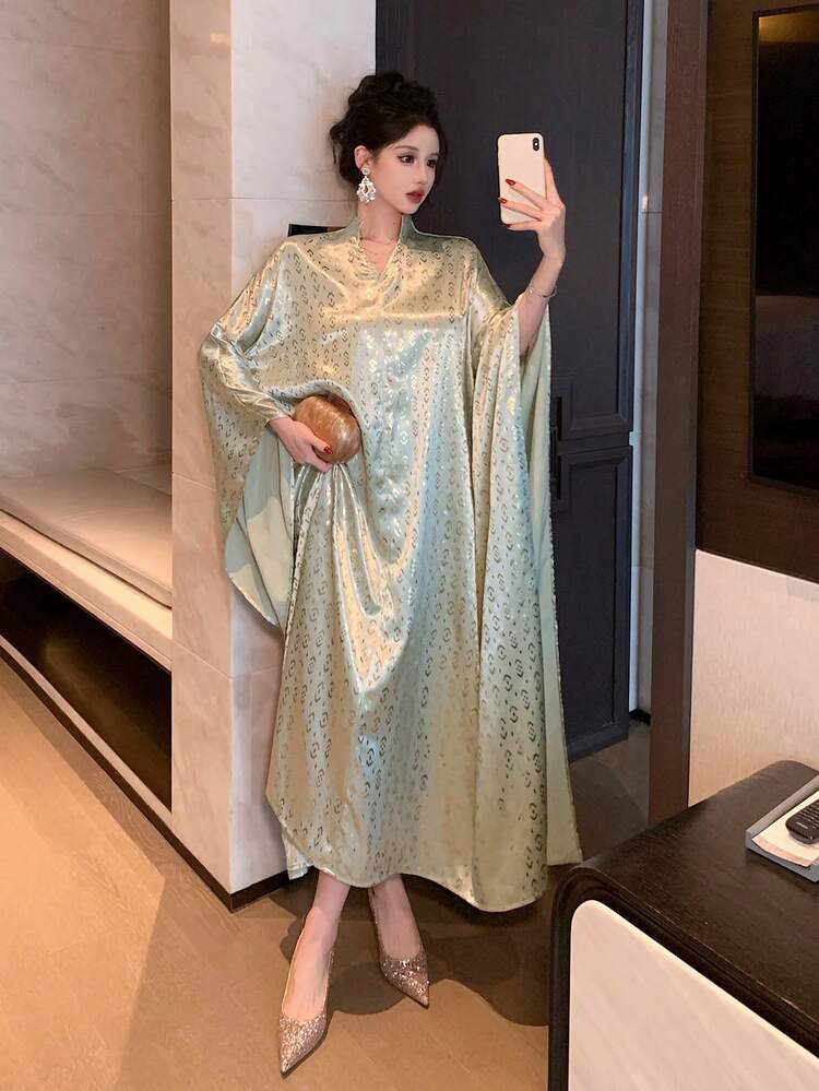 Spring & Summer Shiny Gold Cape-Style Flare Sleeve Dress, Elegant For Valentine's Day, Wedding, Party, Banquet, Fashion Event, Commute, Floral Print Long Sleeve Midi Dress For Women