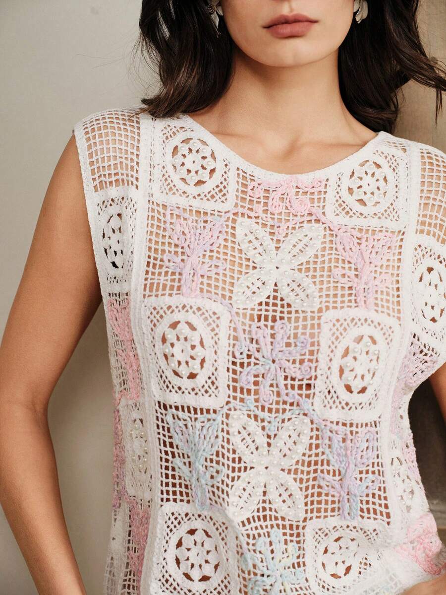 French Beaded Hollow-Out Knitted Vest Cover Up For Women, New Summer Layering Sleeveless Cover Up Top - Multicolor - View 1