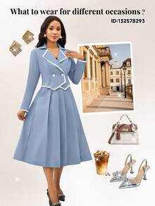 SHEIN Lady 优雅两件套套装，适合女士日常出行和各种场合，四季皆宜。毕业礼服、白色毕业礼服、毕业套装、节日套装、婚礼宾客礼服、女士生日礼服、商务休闲女装、节日礼服 - 藍色 - 查看 6